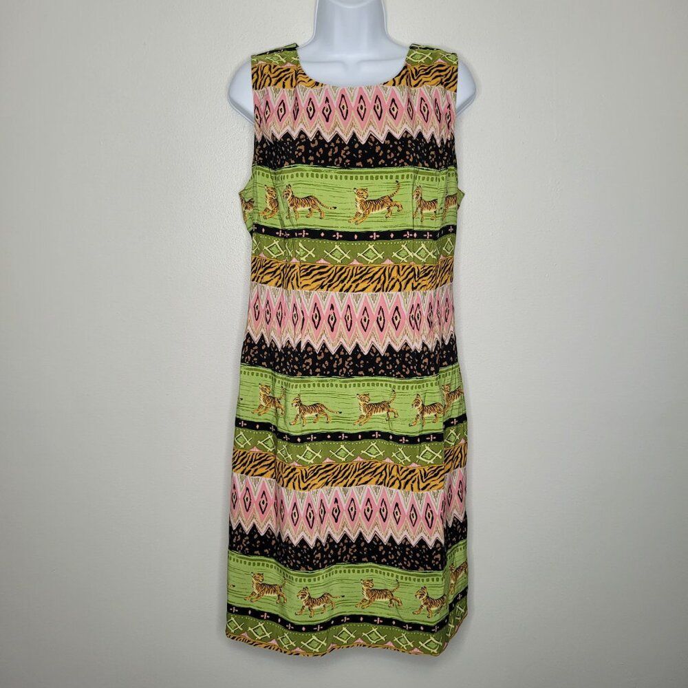 Vintage 90s Sag Harbor bright tiger print artsy short funky dress size 12